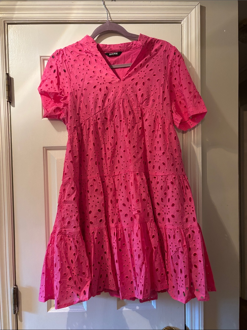 Bright Pink Eyelet Tiered Mini Dress
